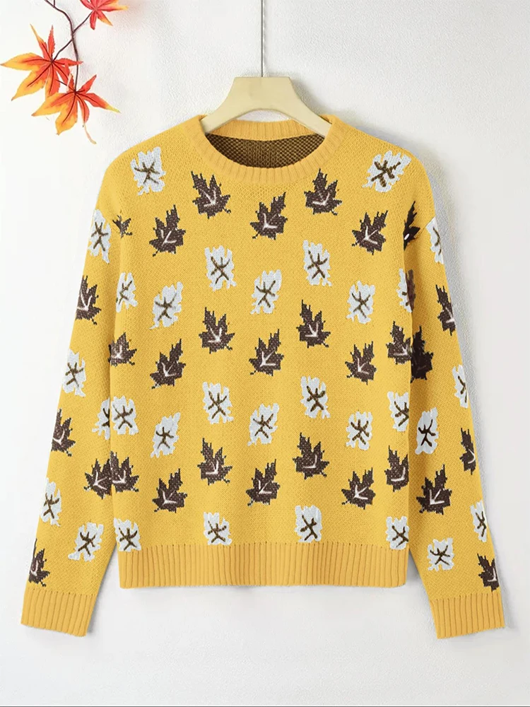 Jersey de talla grande con cuello redondo para mujer, Jersey cálido con patrón de hojas que caen, prendas de punto, ropa de talla grande a la moda para otoño e invierno