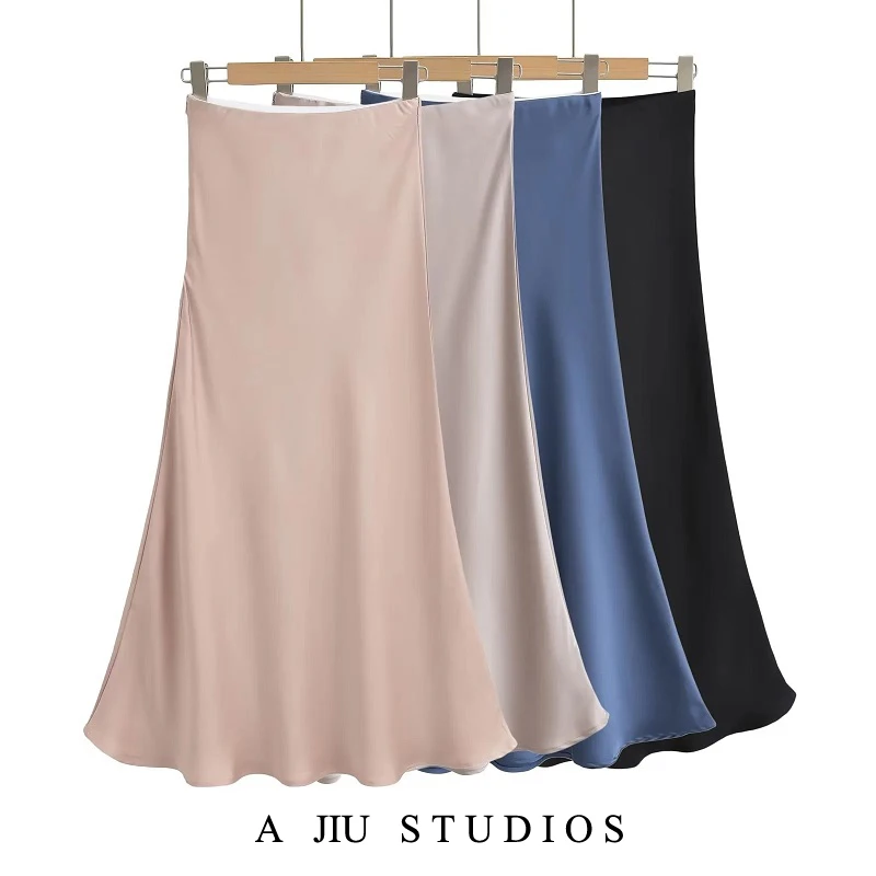 

Summer Design Sense High Waist Slim A-Line Fi Tail f Skirt Women's Satin Long Skirt Faionable plus Size Midi Skirt