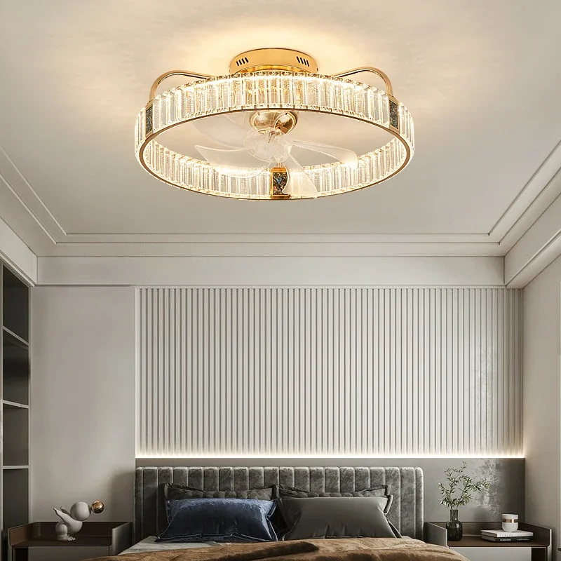 مراوح سقف كريستال LED فاخرة مع ضوء وجهاز تحكم عن بعد ذهبي جديد بريق المنزل الفكرية لمصابيح سقف غرفة المعيشة