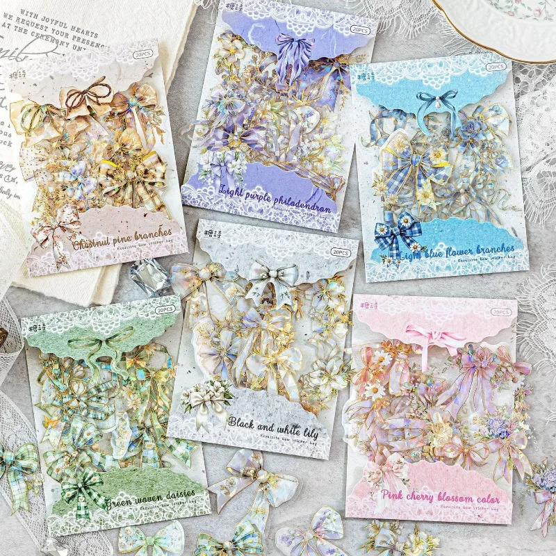 Vintage Bow PET Stickers Transparent Aesthetic Scrapbooking Decal Retro Retro European Sticker for Journal Decor DIY Gift Making