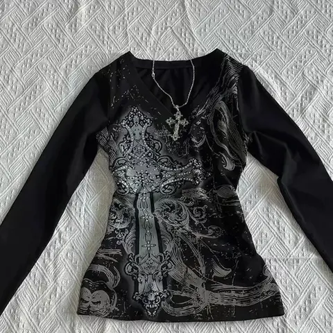 Women's Hip hop 90s Vintage Punk T-Shirt autumn Streetwear Sexy Short Sleeve Gothic Slim Crop Top Hotgirl Casual Femme Tee y2k