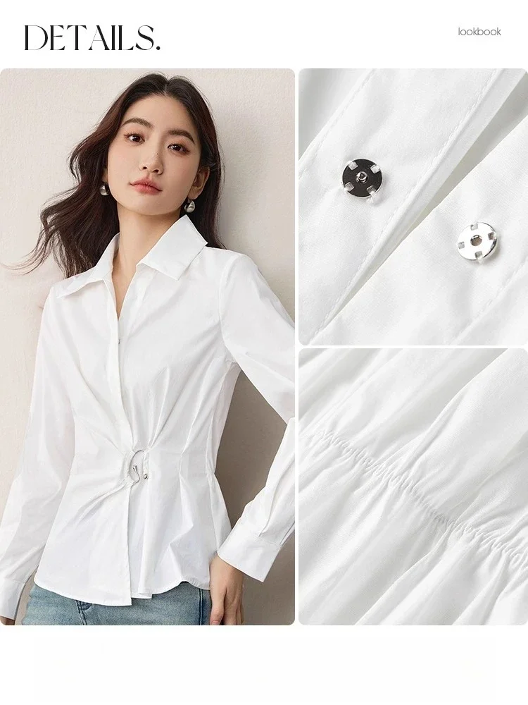 SENTUBILA Designer Shirt 2025 Women's Autumn New Turn-down Asymmetrical Shirring Buckle Long-sleeved Tops Elegant W53CA2861