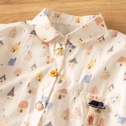 Pure Cotton Harajuku Fashion Cartoon Houses Oversized Shirt and Blouses for Women Autumn Original Hawaiian Shirt Holiday Tops