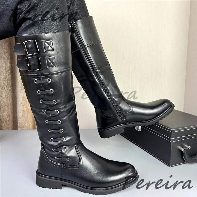British Style Trendy Knight Boots Black Leather Metal Buckle Thick Bottom Side Zipper Knee High Boots Spring Autumn Male Shoes