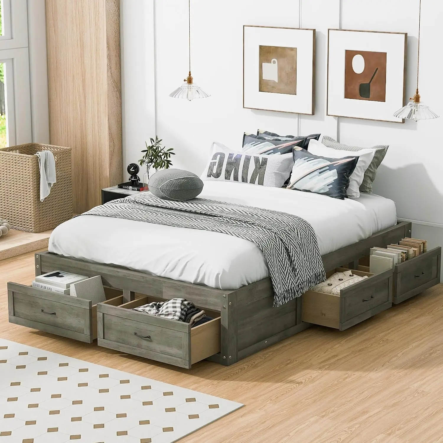 Full Platform Bed 6 Storage Drawers No Headboard Support Slats Farmhouse Bed Kids Teens Adults Space-Saving Gray, Customized