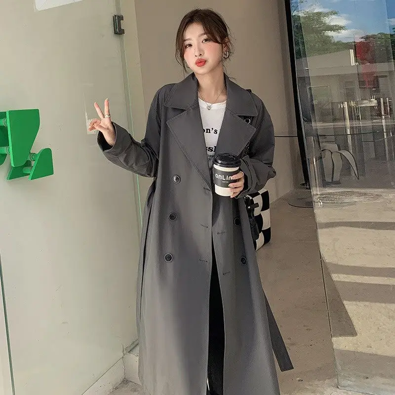 

2023 Temperament Dark Grey Windbreaker Jacket Women's Spring And Autumn Korean Fashion Double Beasted Long Bandage Coat Z801