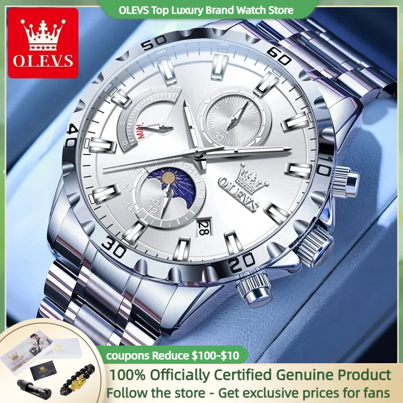 OLEVS Luxury Brand Watch Man Fashion Leisure Waterproof Luminous Hand Clock Multi-function Moon Phase Male Wristwatches