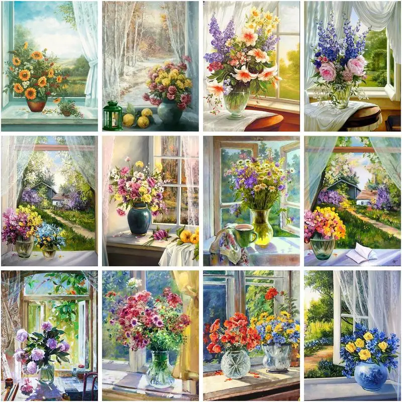 

CHENISTORY Acrylic Painting Window Flowers Drawing On Canvas Handpainted Art Gift Diy Picture By Number Kits Home Decoration