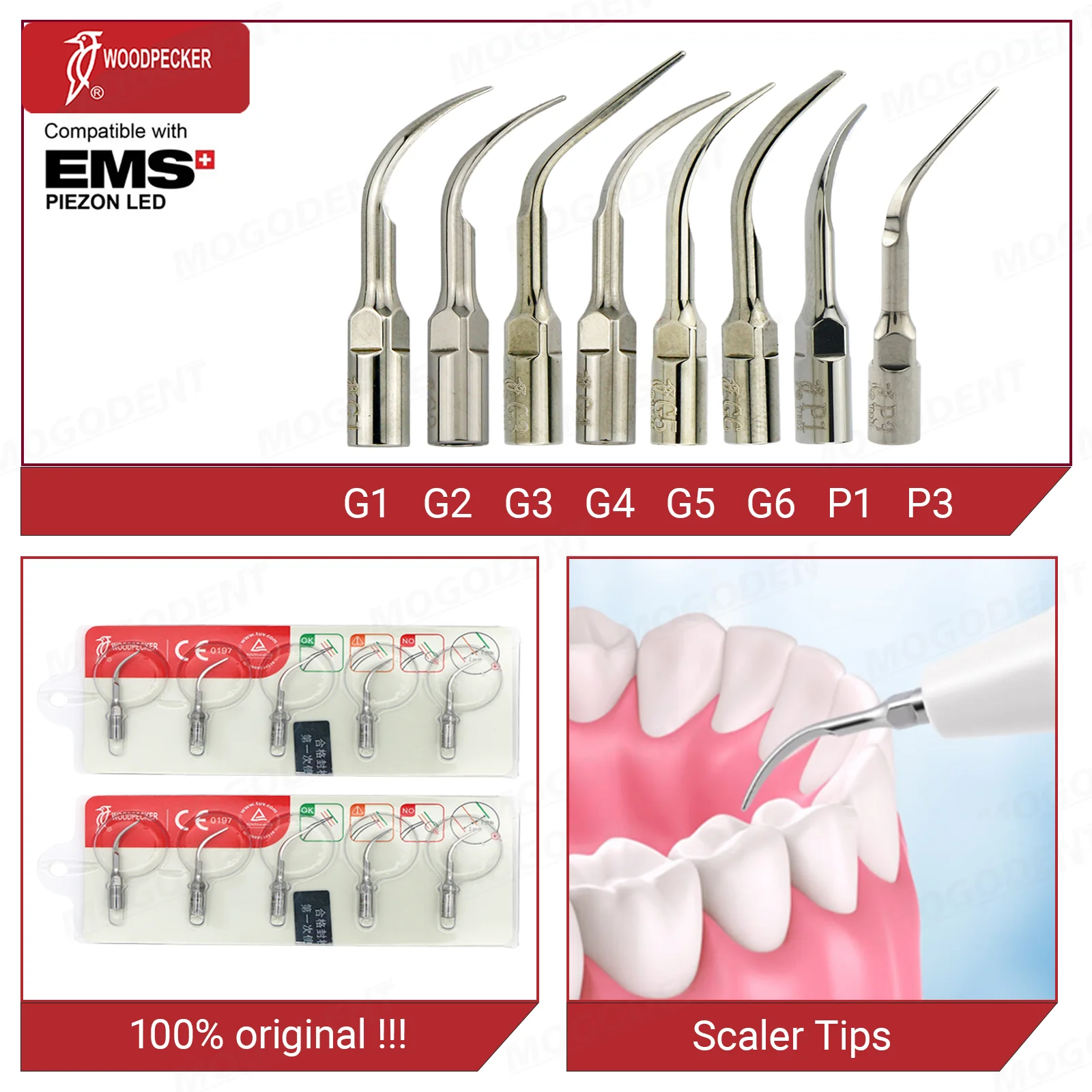 Original Woodpecker Dental Scaler Tips Fit EMS Ultrasonic Scaler Handpiece G1-G6 P1 P3 Scaling Tip Dentistry Accessories 5Pcs