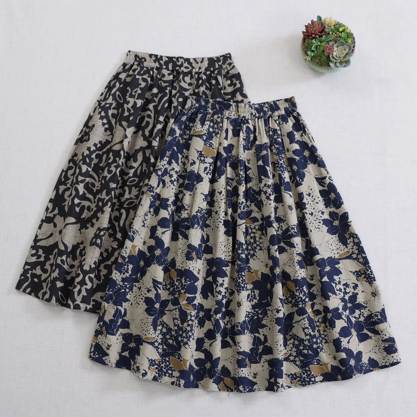 Japanese Vintage Mori Girl Floral Printed Cotton Midi Skirts Women Spring New Elastic Waist Casual Loose A-Line Pleated Skirts