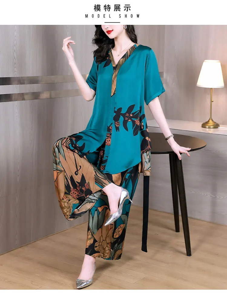 Women Floral Short Sleeve Cardigan Dress+Wide Leg Pants Two Piece Sets Korean Fashion Elegant Luxury Two Peice Dress Sets