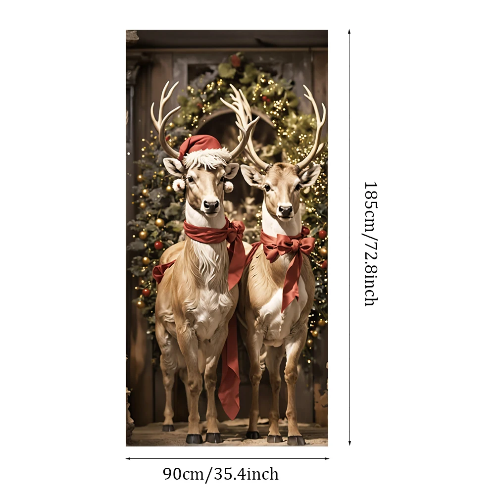 Christmas Reindeer Door Backdrop Banner Santa Hat Elk Designs Hanging Outdoor Decorations Props Christmas Door Cover 185x90cm