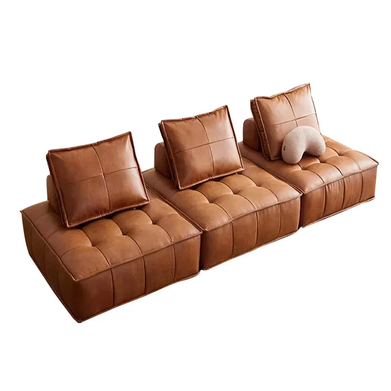

French retro leather art sofa leather straight row living room antique creative oil wax cloth sofa