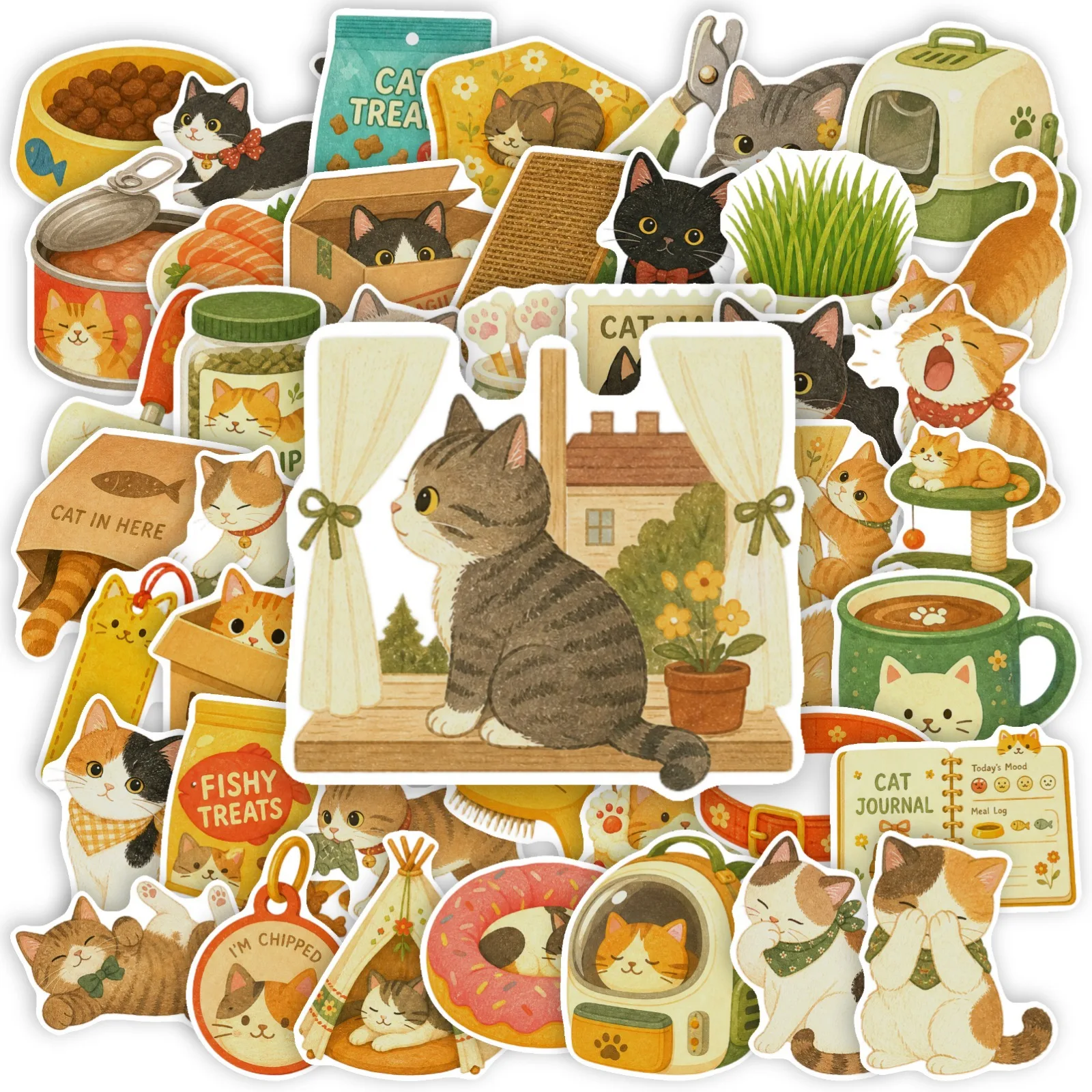 50 Pcs Cat Stickers Set New Vintage Hand-Drawn Cute Pet Cat Art Decorative Daily Illustration Adorable Home Decor Stickers