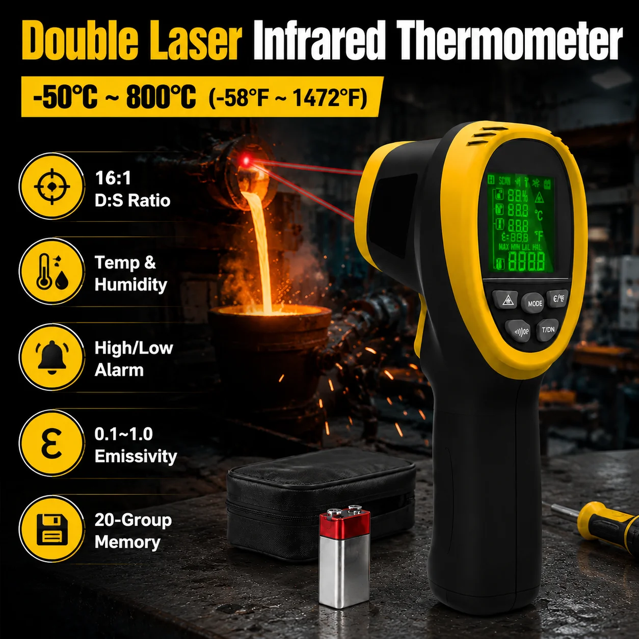 HOLDPEAK Digital Infrared Thermometer Gun 800C Dual Laser With Ambient Humidity Dew Point Temp Alarm For Auto Mechanical Test