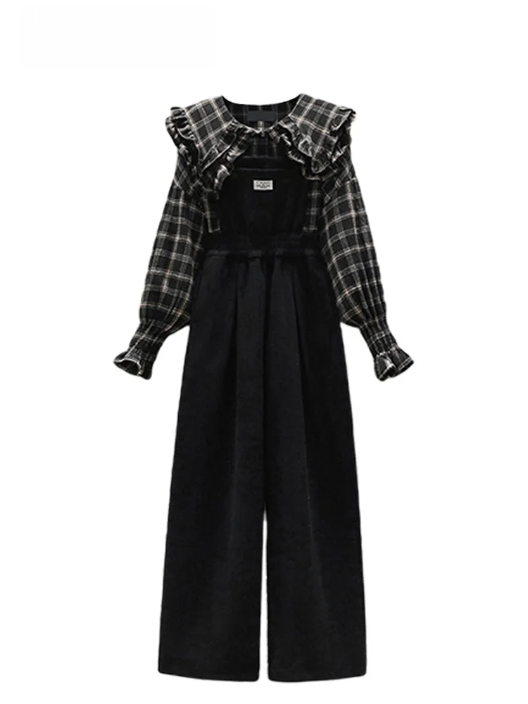 

Faionable plus Size Spring Outfit Doll Collar irt And Overalls Two Piece Set for Younger Looking Sli Women