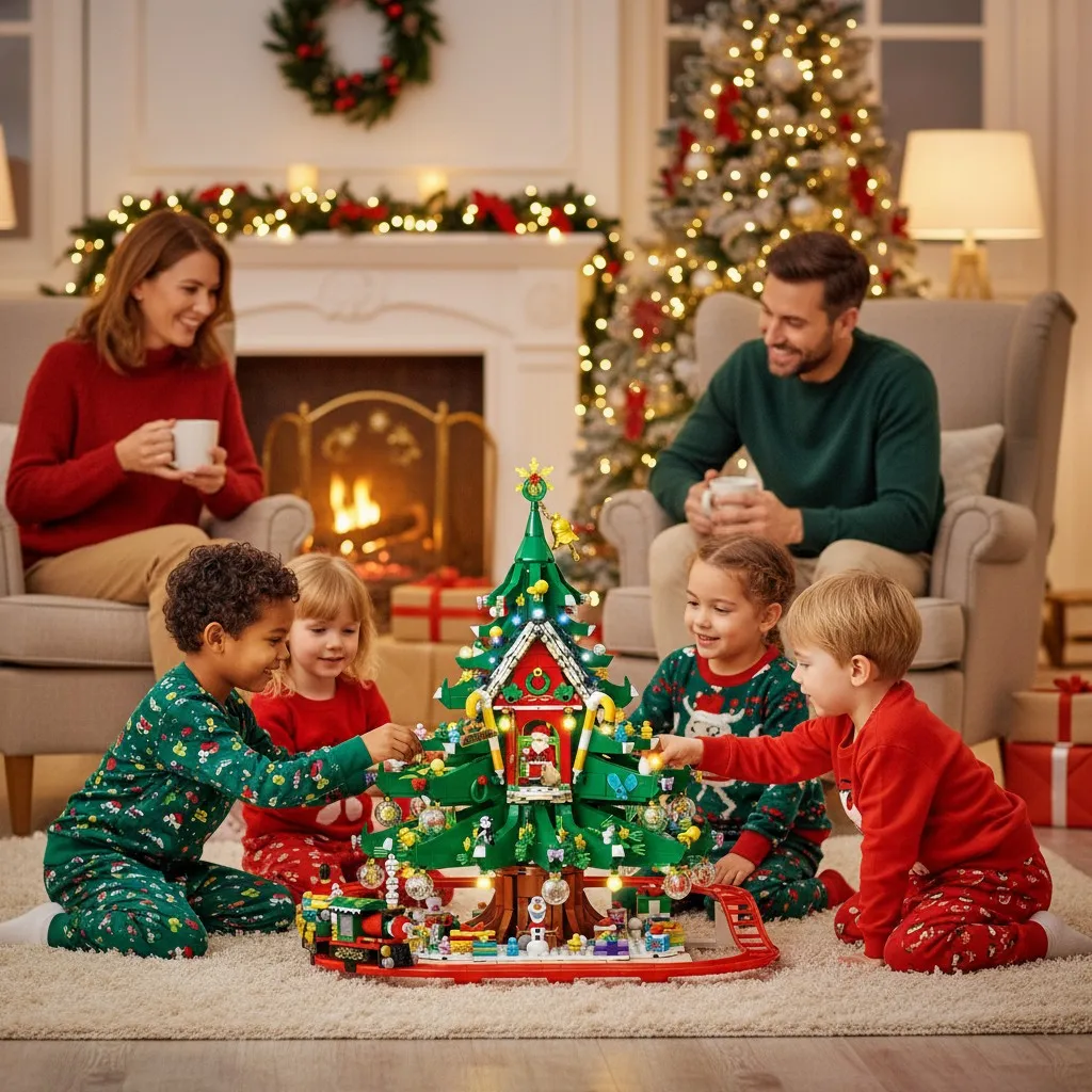 OUZEY MOC بيت شجرة عيد الميلاد مع مسار قطار السكك الحديدية اللبنات سانتا كلوز كوخ الشتاء الثلوج المقصورة لتقوم بها بنفسك لعبة للأطفال #2