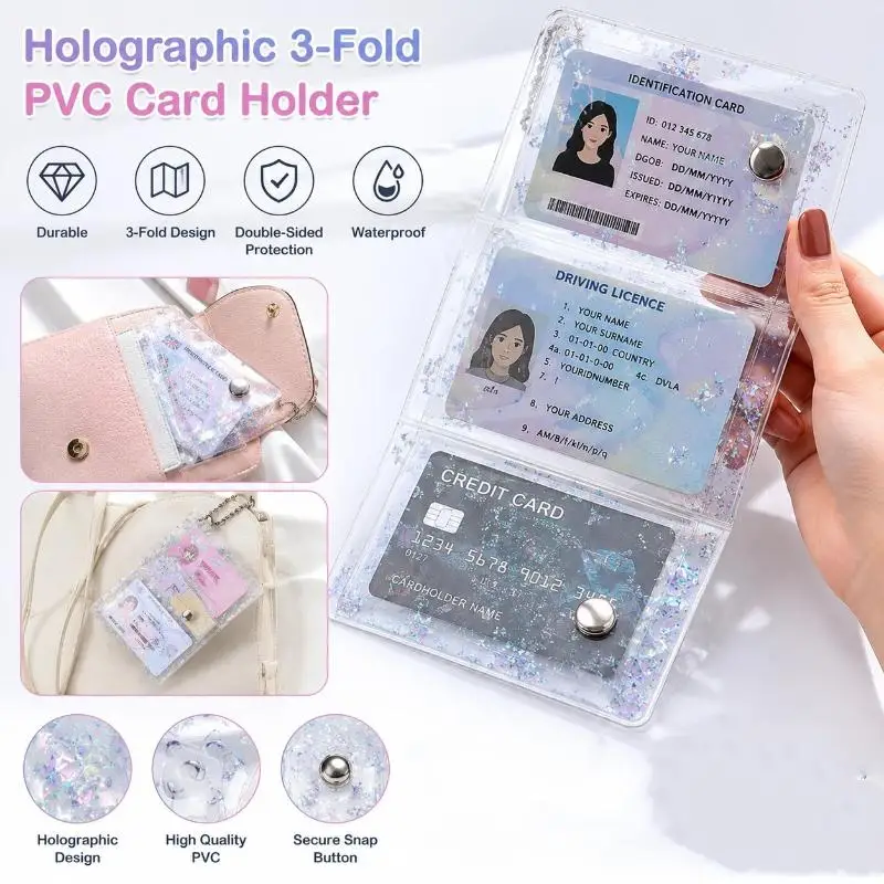 Star Glitter Clear Three Fold PVC Card Holder Mini Snap Coin Purse With Bead Chain Keyring For ID Card Daily Storage Gift