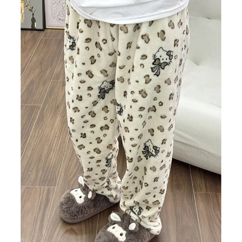 

Kawaii Hello Kitty женские плюшевые пижамные штаны Sanrio мультфильм аниме зимние теплые студенческие спальные штаны свободные повседневные домашние штаны