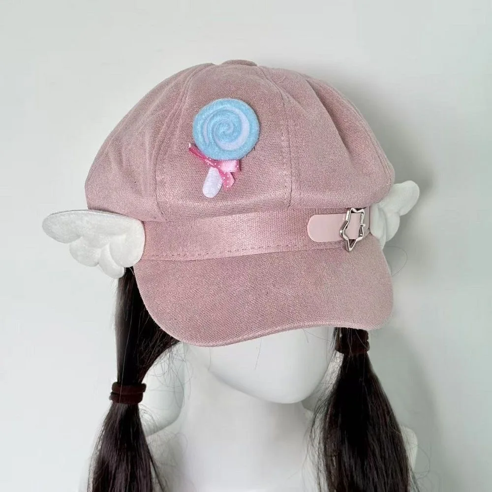 Women Angel Wing Lollipop Hat Sweet Newspaper Hat Cap Gothic Lolita Y2K Girl Harajuku Beret Hat Anime Costumes Accessories