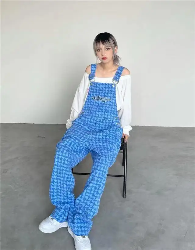 High Street Pink Plaid tute donna coreano sciolto un pezzo abiti donna autunno gamba larga pantaloni tuta 2023 nuovo Vintage