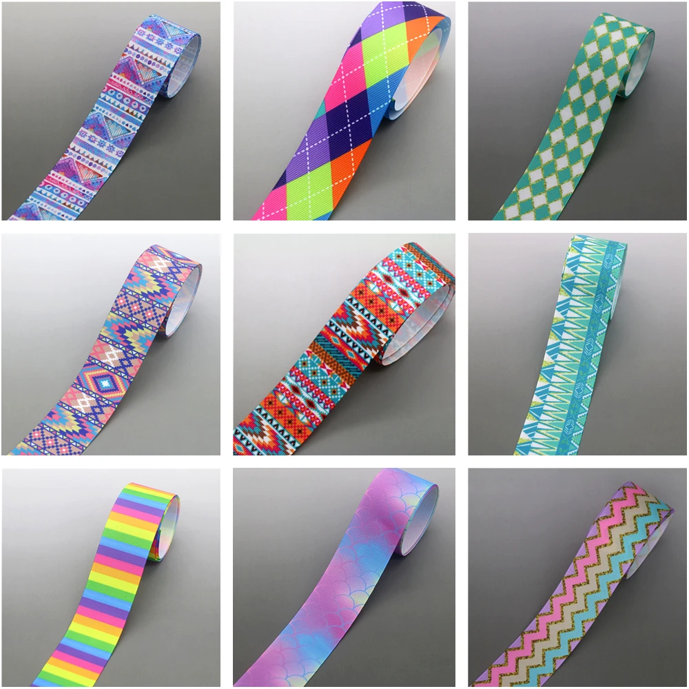 

DHK 38 мм 10 ярдов Радужная племенная клетчатая лента с принтом в репсовую ленту, аксессуары для головных уборов, декоративный воротник, сделай сам, швейное ремесло B2351