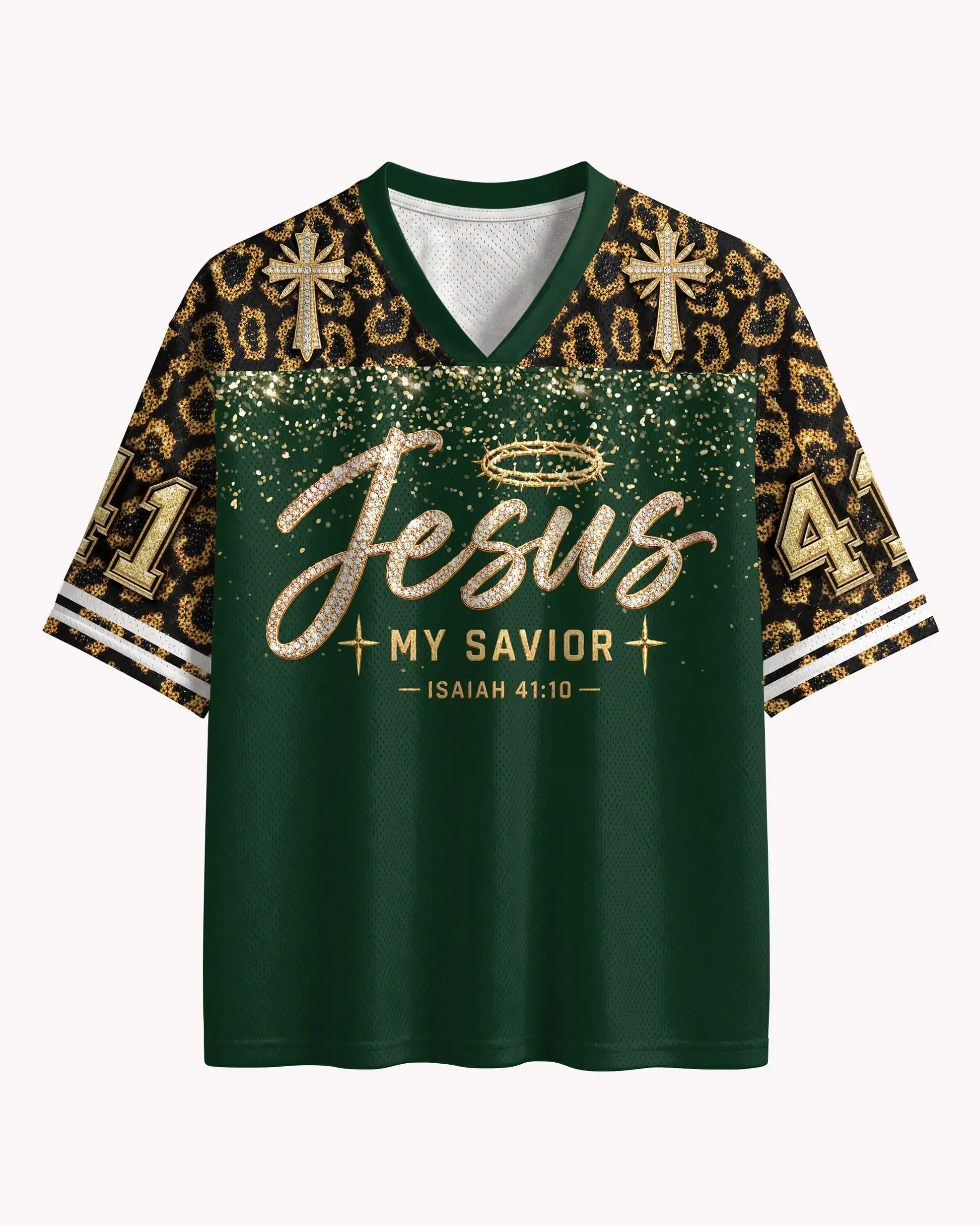 V Neck Mesh Short Sleeve Tee, Jesus My Savior Cross Leopard Glitter Print Faith Inspired Casual Top