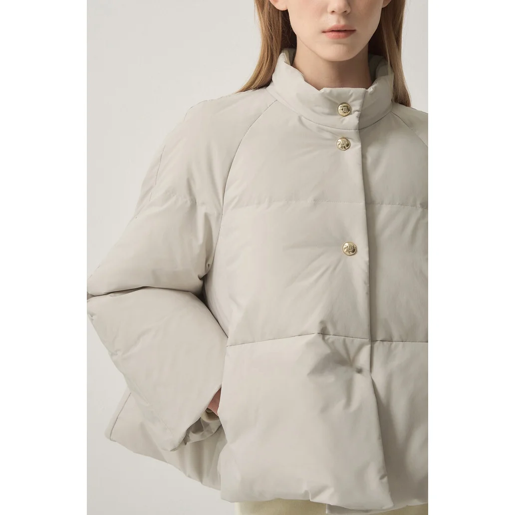 Casaco de Inverno F Versátil com Gola Alta e Botões, Jaqueta de Plumas de Ganso Espada, Manga Longa, Cor Sólida