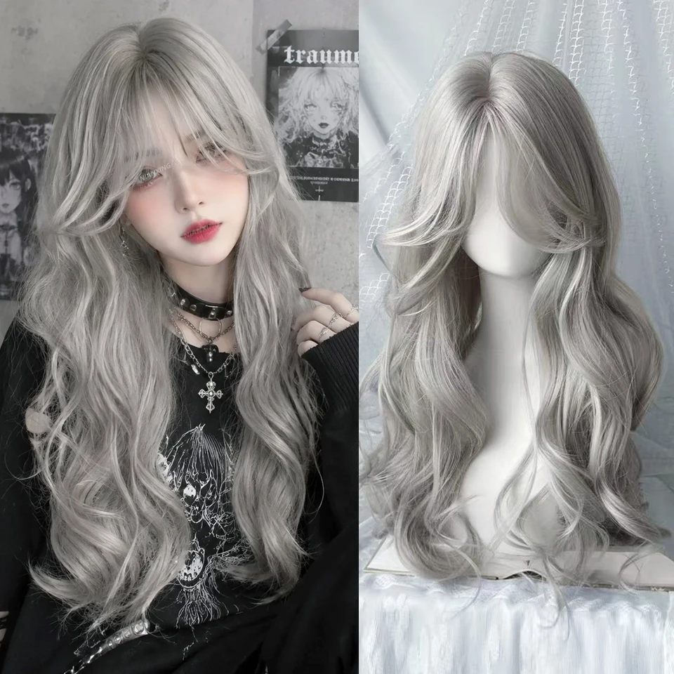 Long Wavy Silver Gray Wigs with Bangs Synthetic Lolita Cosplay Natural Wave Wigs for Women Daily Halloween Costumes Wigs