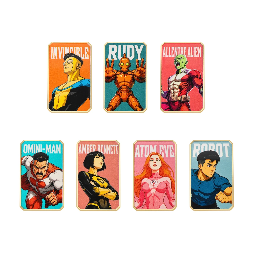 7-teiliges Set mit Metallabzeichen in Form von amerikanischen Comic-Helden, trendige rechteckige Broschen, dekorative Anstecknadeln für Taschen und Jacken. – Detail 9