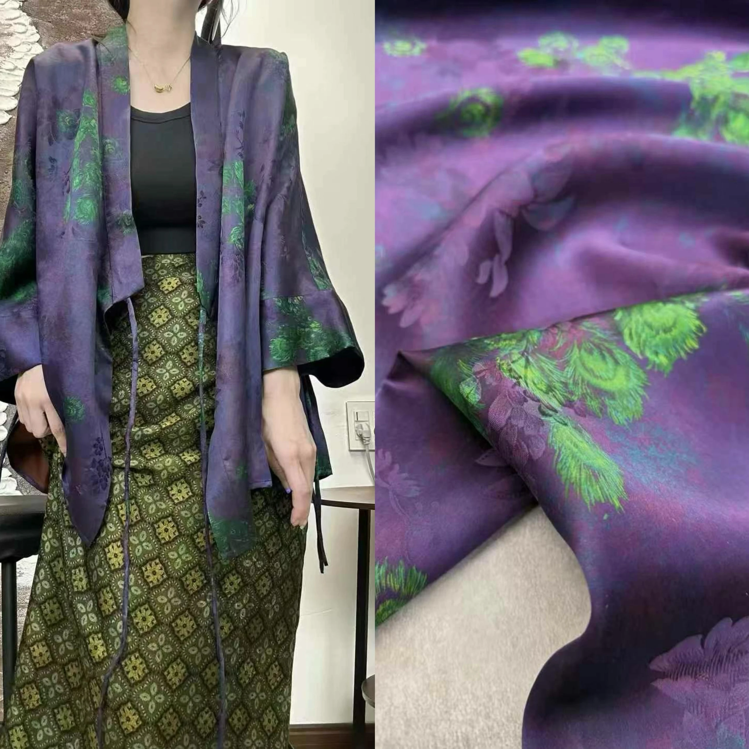 

New Arrival Hundred Percent Silk Peacock Feathers Transparent Hole Floral Rouge Cloud Fabric for Clothing