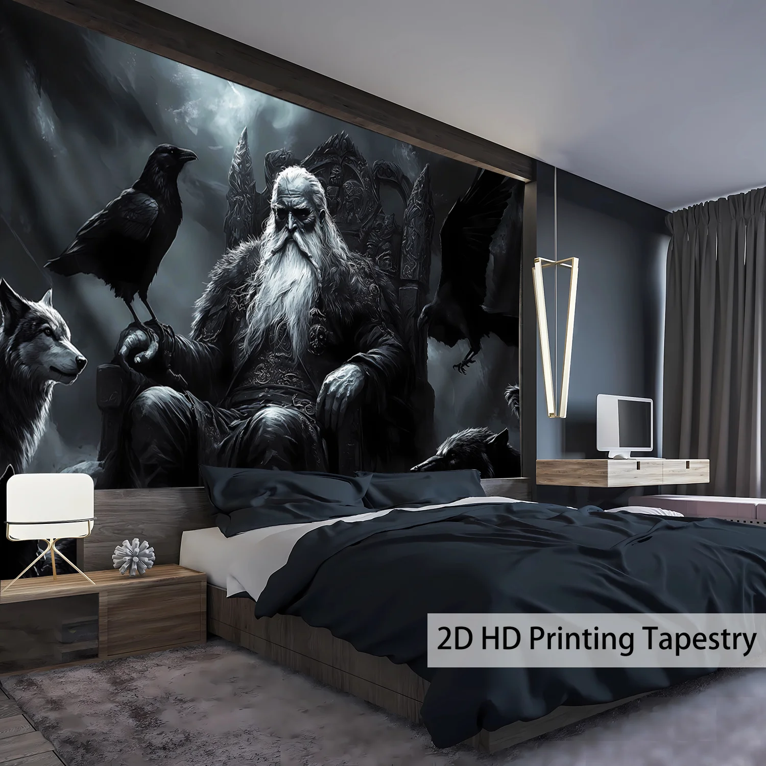 Extra Large Norse Mythology Crow Tapestry, Majestic Landscape  Polyester Wall Hanging for Living Room Bedroom Wall Decor