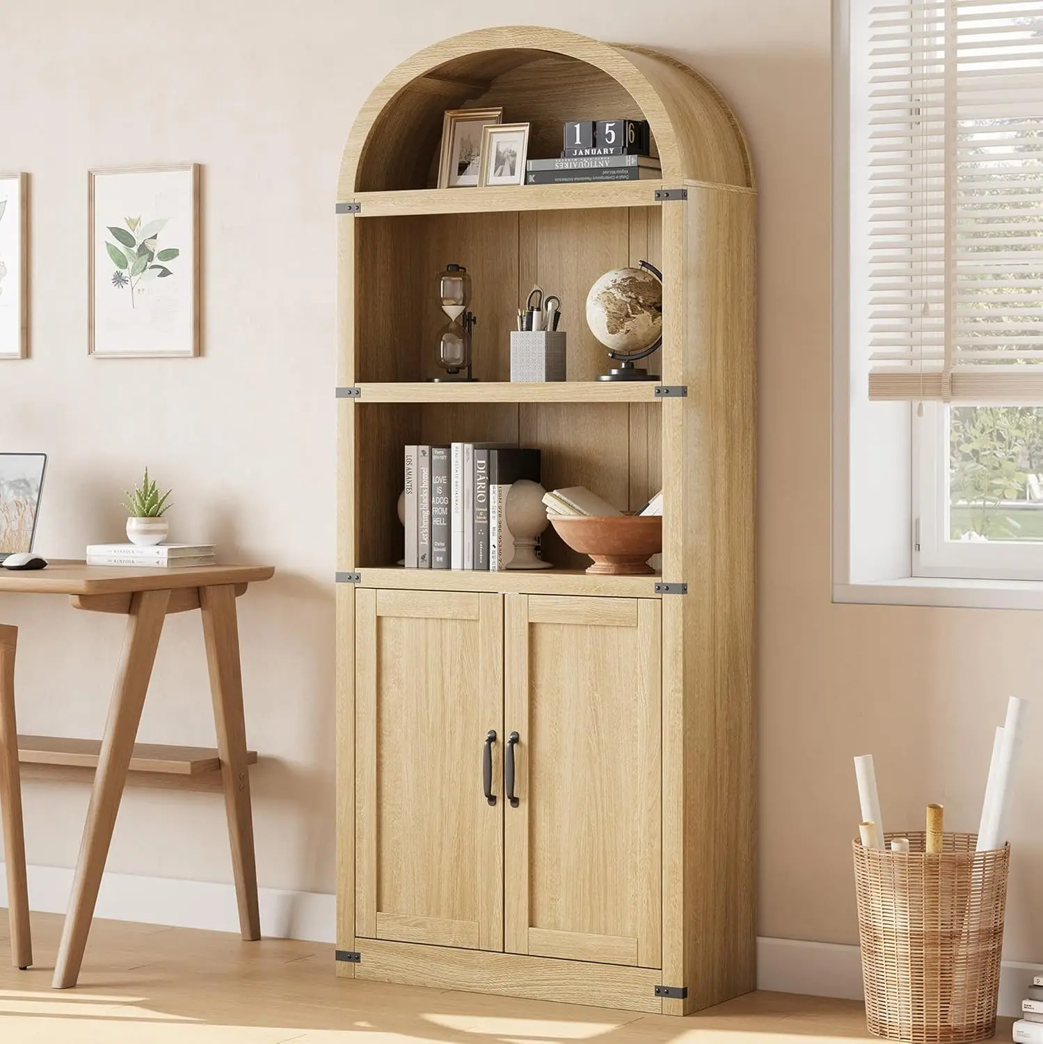 

GarveeHome Книжный шкаф с дверцами Арочная книжная полка высотой 71,65 дюйма Книжный шкаф Фермерский шкаф с полками Деревянные книжные полки для дома
