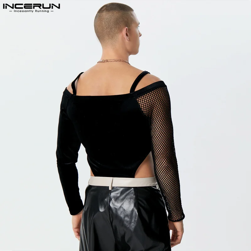 2023 Men\'s Bodysuits Mesh Patchwork Off Shoulder Long Sleeve Skinny Sexy Male Rompers Streetwear Fashion Bodysuit S-5XL INCERUN