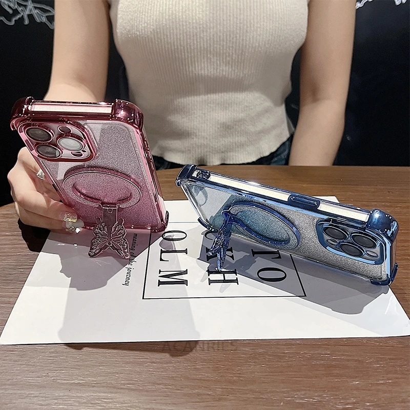 Reno12 Plating Butterfly Holder Case For Oppo Reno 12 Pro Reno12 F Fs A58 A78 Reno7 4g 5g Silicone Stand Cover Reno12f Reno12fs