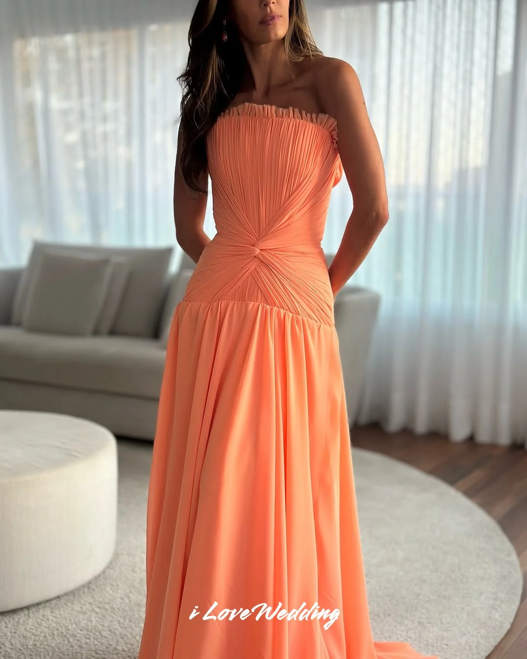 

Orange Strapless Evening Dress 2025 Chiffon Sleeveless Pleated Backless A-Line Corset Sweep Train Wedding Party Dress Customized