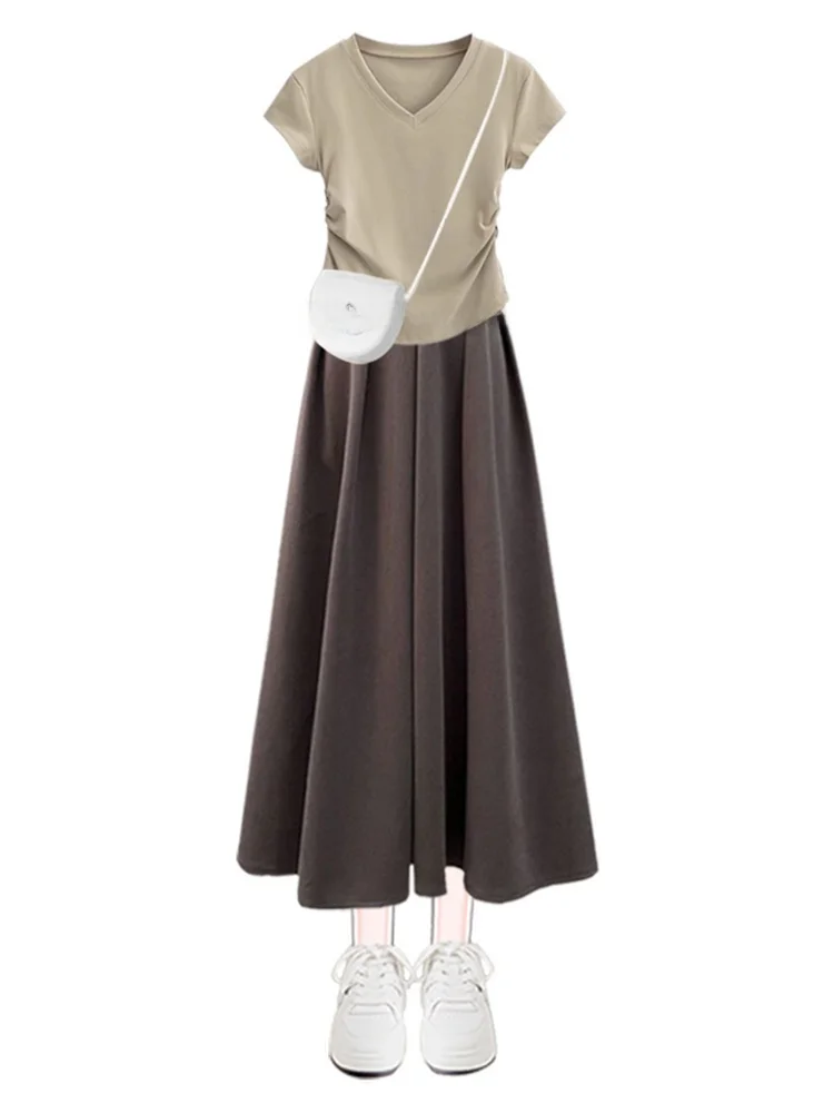 Ele plus Size Summer Outfit Women's  Color V-Ne ort Sve T-irt with Slimming Midi Skirt Two-Piece Set