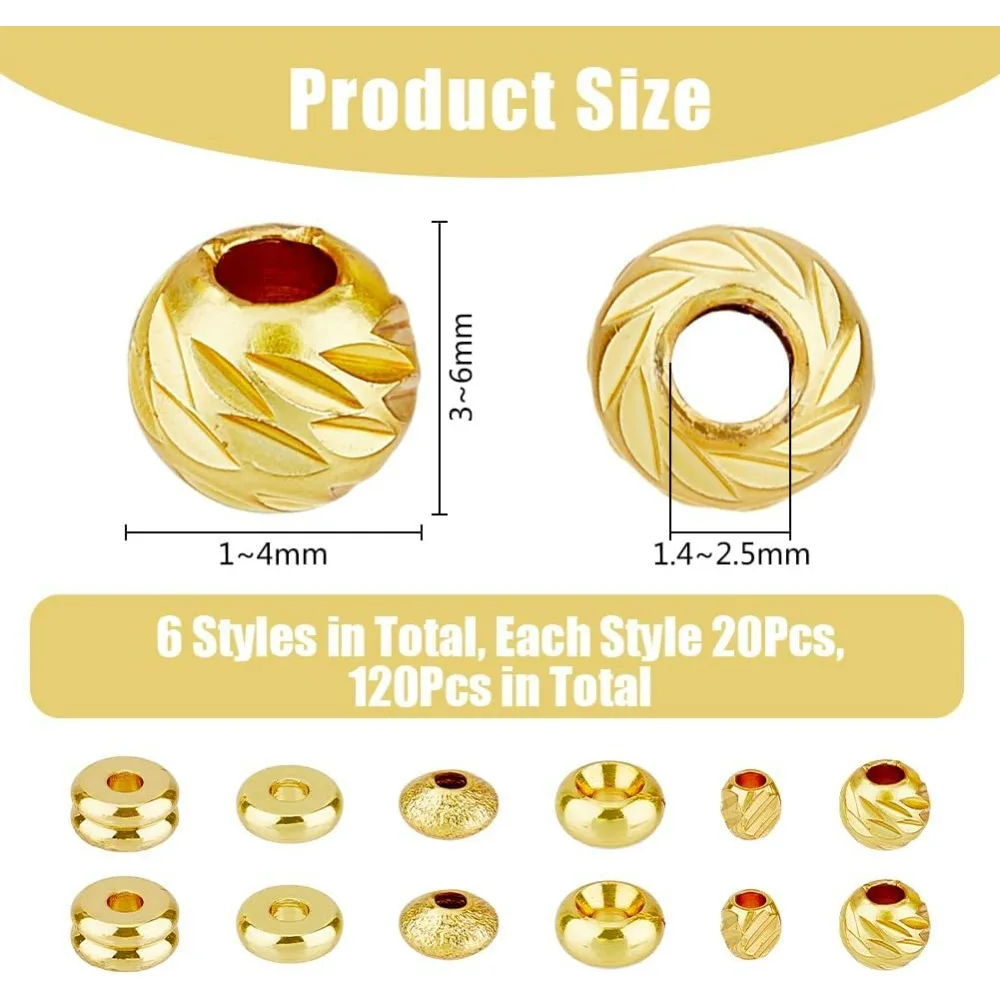 120pcs 6 Styles Small Spacer Beads 16K Real Gold Brass Beads Flat Round Rondelle Spacer Beads Textured 3/5/6mm Loose Spacer