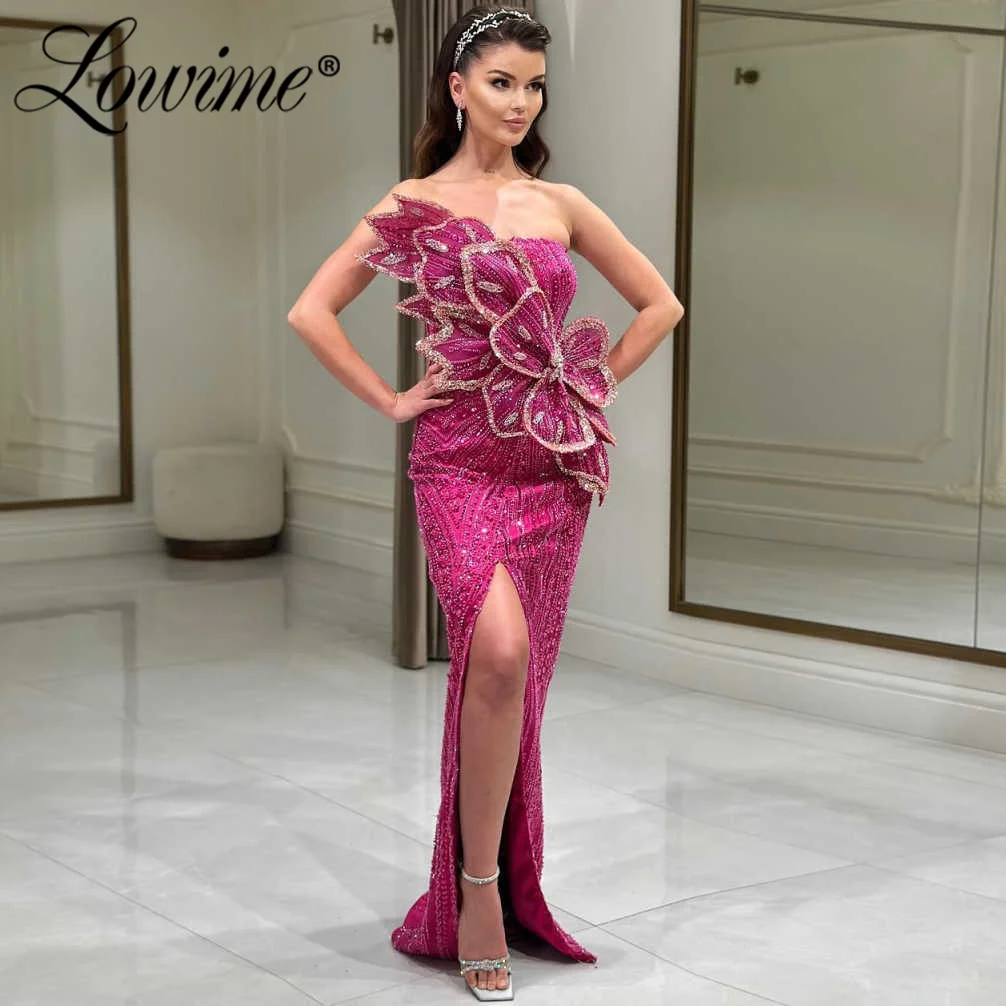 فساتين لحضور الحفلات الموسيقية باللون الوردي الساخن بدون حمالات فستان سهرة عربي دبي 2025 مخصص لحفلات الخطوبة مع ذيل طويل رداء السهرة #3