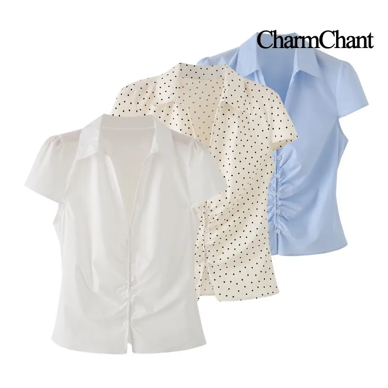 CHARMCHANT Y2K Aesthetic Polka Dot Cropped Shirt Women V-Neck Ruched Short Sleeve Top Sexy Clubwear Streetwear Fashion 2026