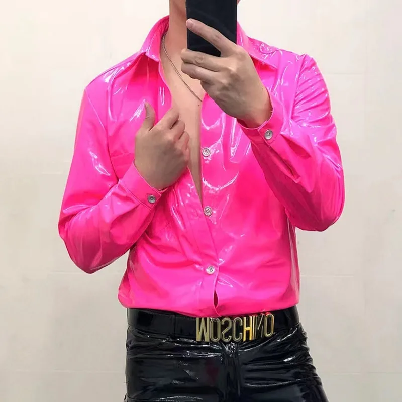 15 Colors 2023 Mirror Reflective ShinnyLeather Shirt Men\'s Slim Fit Shirt Night Club Performance Dress PU Leather Strechy Shirt