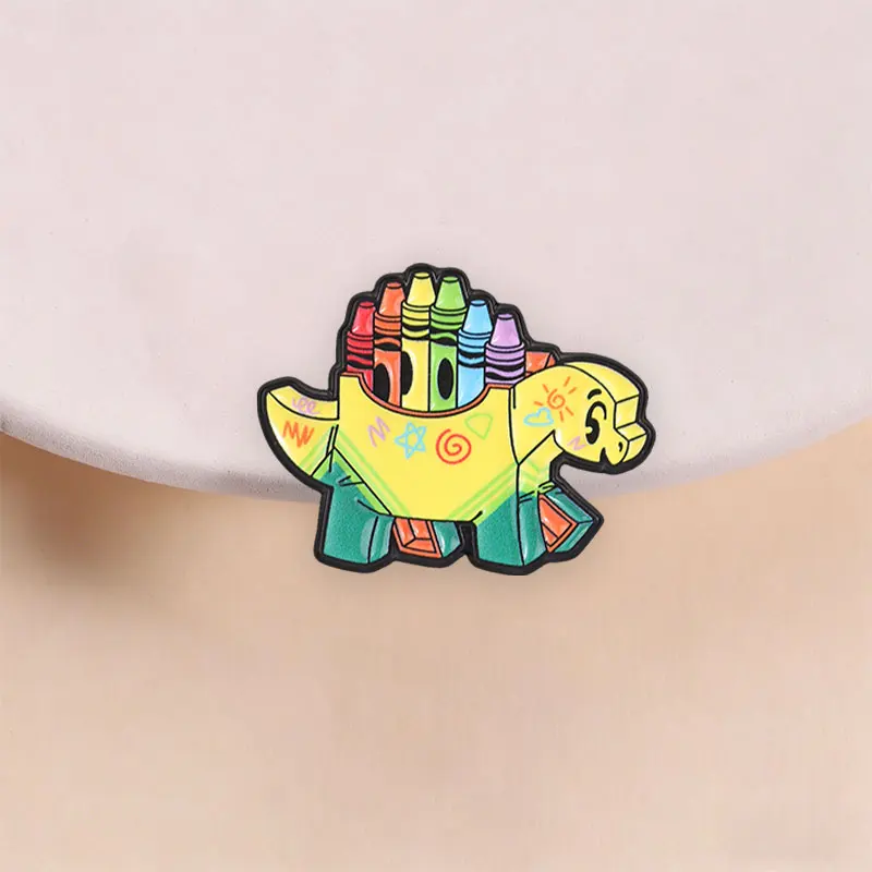 Dinosaur With Crayon Back Spikes Enamel Pin, Colorful Stegosaurus Brooch For Art Lovers And Students Creative Style
