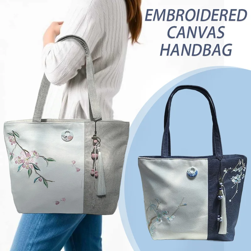 

Chinese Style Women's Embroidered Tote Bag Canvas Shoulder Bag Peach Blossom Pattern Retro Casual Fashion Tassel Handbag 2025