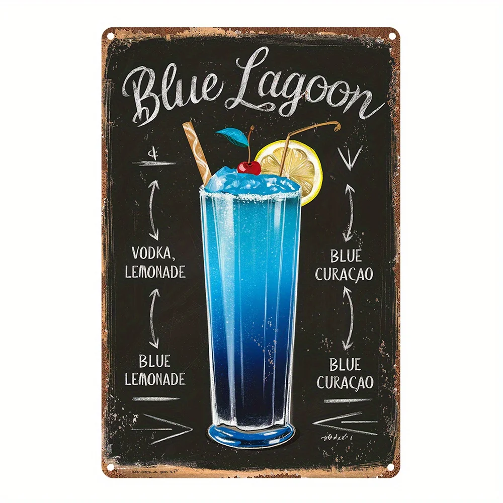 لافتة كوكتيل من الألومنيوم باللون الأزرق، ديكور فني جداري ثنائي الأبعاد بنمط عتيق، هدية مثالية، لوحة ملصق ريترو للمطبخ، غرفة الألعاب
