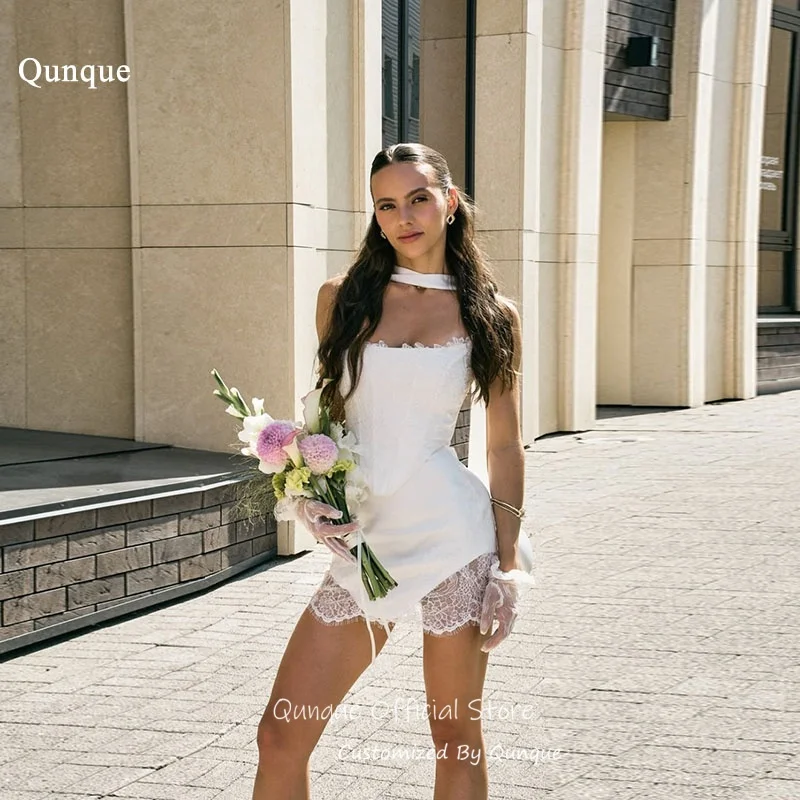 Qunque Strapless Lace Trim Ribbons Wedding Dresses Mini Illusion Bridal Outfit Gowns Handmade Vestido De Novia Boda Customized