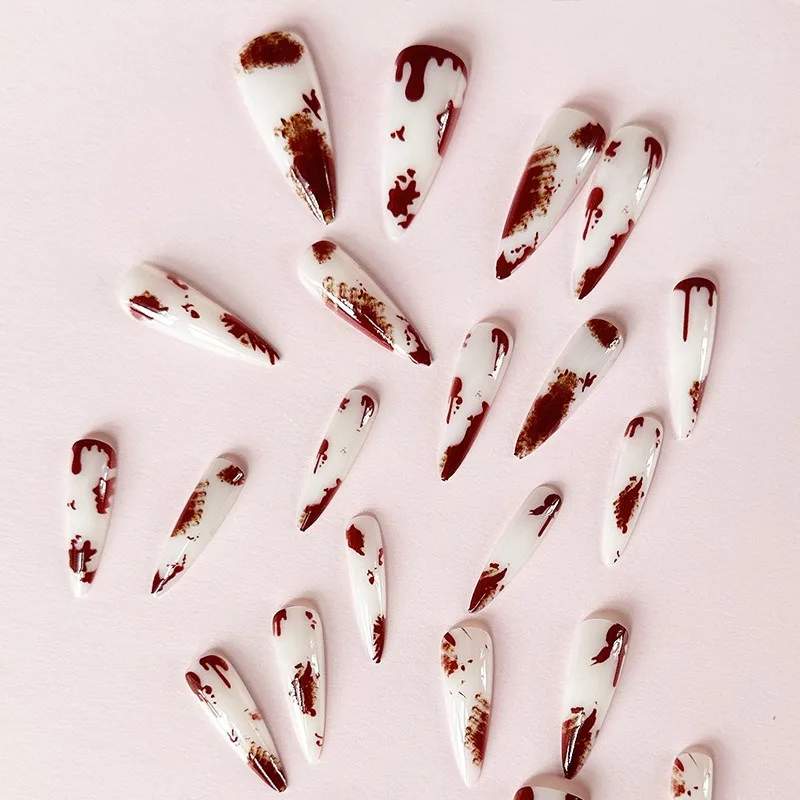 24pcs/set Pointed Halloween Nail Tips White Red Bloodstain Decor Fake Nails Stiletto Press on False Nails Manicure Long Nail Art