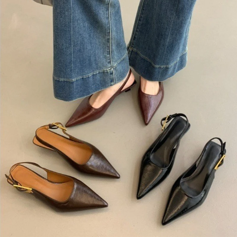 Women New Baotou Sandals Fashion Solid Color Pointed Toe Low Heeled Shoes Minimal Elegant Banquet Party Ladies Sandalias
