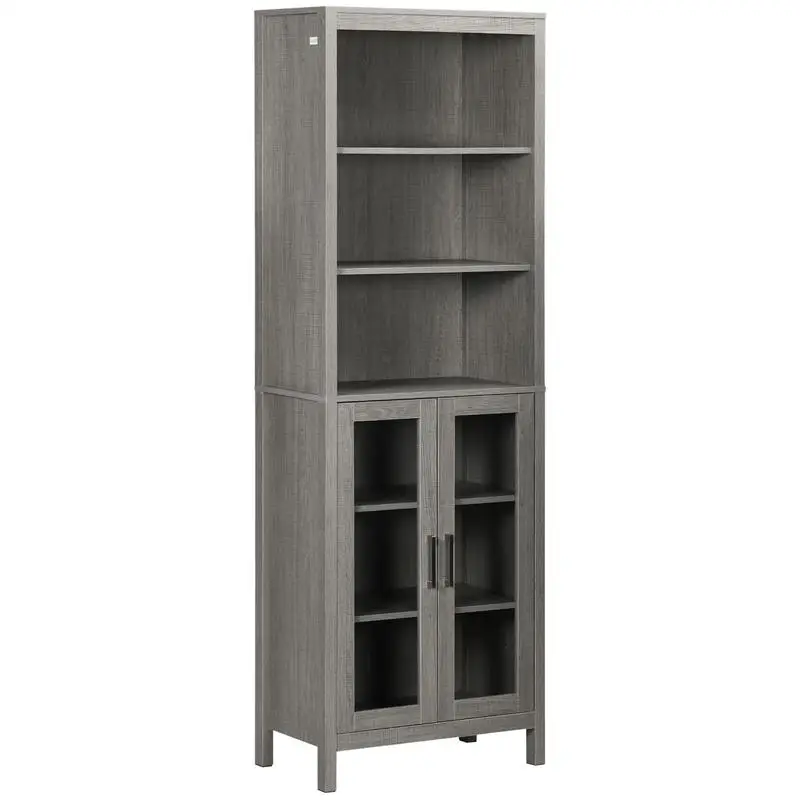 

Tall Bathroom Storage Cabinet, 3-Tier Shelf, Glass Door, Freestanding Linen Tower with Adjustable Shelves, Grey Wood Grain