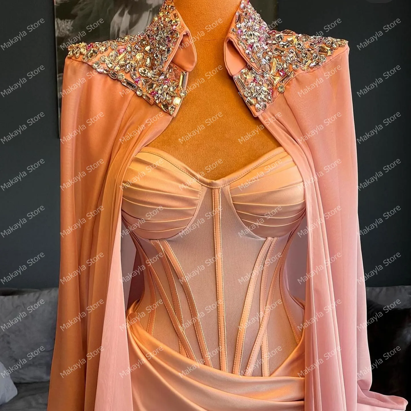 Unique Two Pieces Satin Prom Dresses Strapless Mermaid Mini Evening Party Dress With Beading Cape Gltter Crystals Formal Gowns