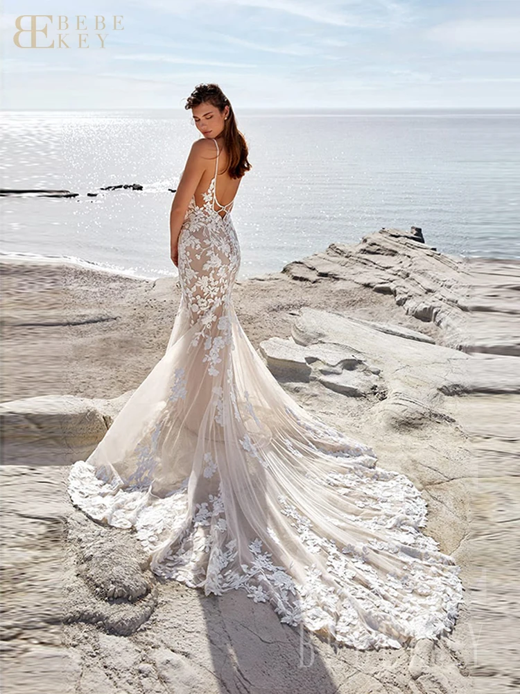 BEBEKEY Robe de mariée de luxe personnalisée bretelles Spaghetti Robe de soirée de mariage sirène dos nu robes de mariée robes formelles Robe